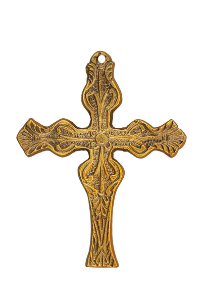 Vintage Weathered Bronze Metal Decorative Detailed Cross Isolated White — Stock Photo, Image