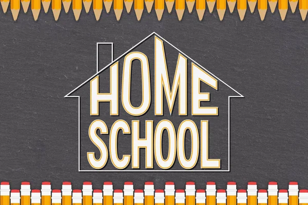 Home Schooling Word Message Old Grunge Black Chalkboard House Outline lizenzfreie Stockbilder