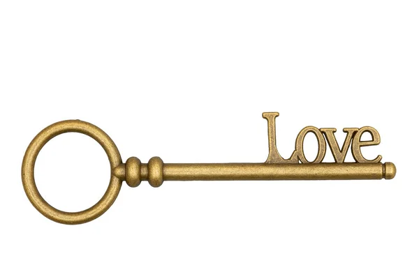 Vintage Retro Bronze Love Word Skeleton Key Isolated White — Stock Photo, Image