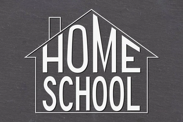 Home Schooling Word Message Old Grunge Black Chalkboard House Outline lizenzfreie Stockfotos