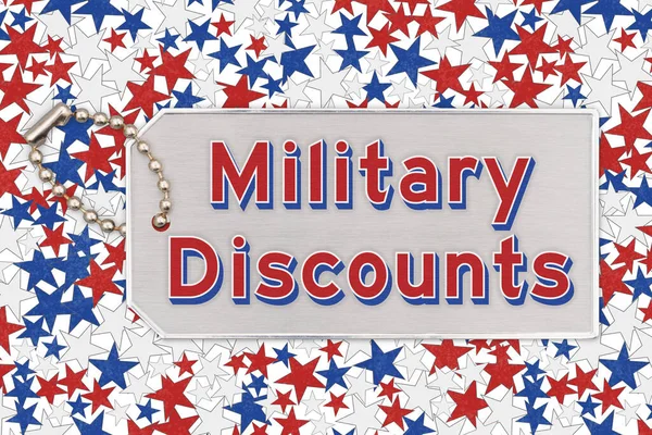 Military Discounts Word Message Silver Tag Chain Red White Blue — Stock Photo, Image