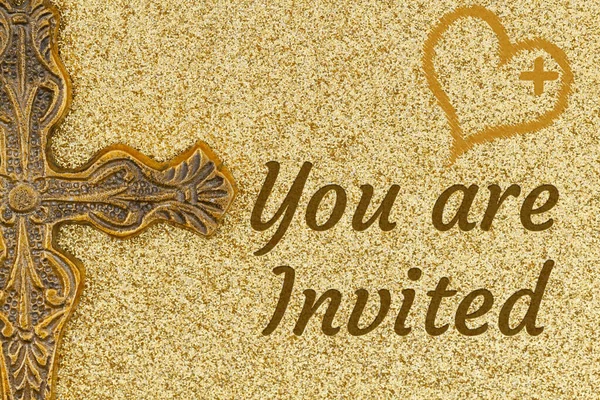 You Invited Word Message Bronze Retro Cross Gold Glitter Paper — Stock Photo, Image