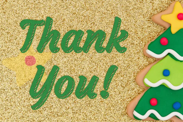 Obrigado Mensagem Palavra Com Gingerbread Árvore Natal Brilho Ouro — Fotografia de Stock