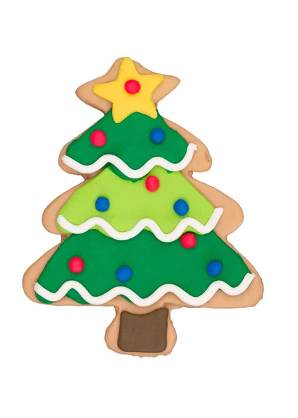 Pão Gengibre Árvore Natal Com Estrela Ouro Lâmpadas Isoladas Branco — Fotografia de Stock