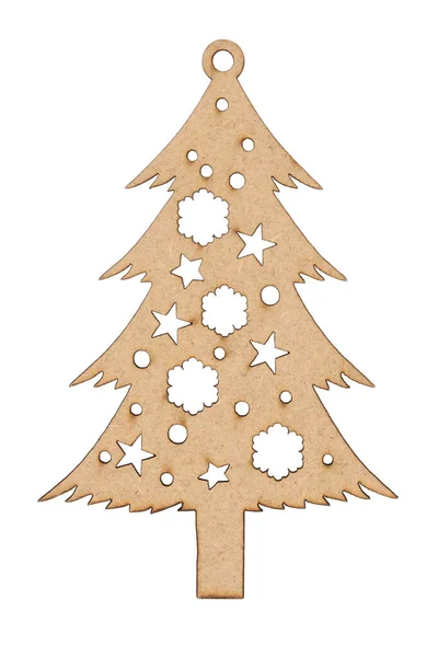 淡淡的未完成的木柴圣诞树 树上挂满了星星和灯泡 与白色隔离开来 — 图库照片