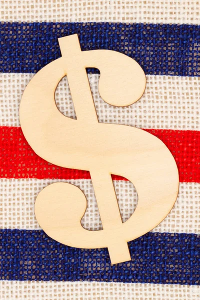 Деревянный Знак Доллара Красном Белом Синем Мешковине — стоковое фото