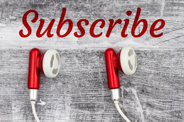 Subscribe Word Message Earbuds Red White Black Grunge Wood — Stock Photo, Image