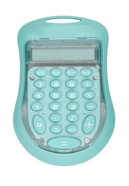 Retro Teal Kalkulator Prostu Wyświetlaczem Energii Słonecznej Izolowane Białym — Zdjęcie stockowe