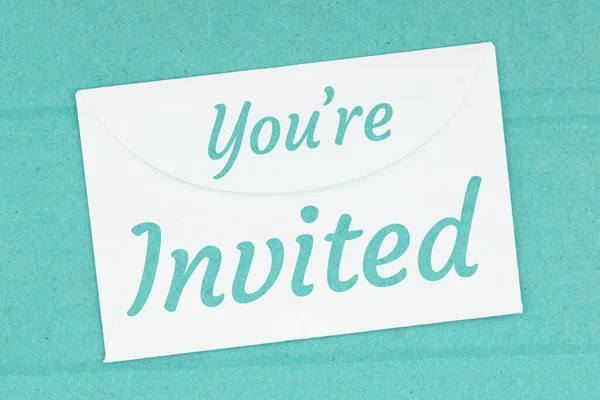 You Invited Word Message White Envelope Teal Textured Cardboard — Stock Photo, Image