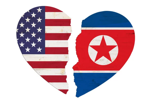 Bandiere Usa Corea Del Nord Cuore Spezzato Isolato Bianco — Foto Stock