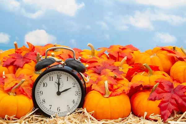 Reloj Despertador Retro Con Calabazas Naranjas Con Hojas Otoño Paja — Foto de Stock