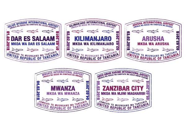 Набор Стилизованных Паспортных Марок Крупных Аэропортов Танзании Векторном Формате — стоковый вектор