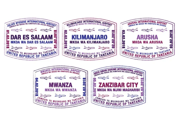 Conjunto Sellos Pasaporte Estilizados Para Los Principales Aeropuertos Tanzania Formato — Archivo Imágenes Vectoriales