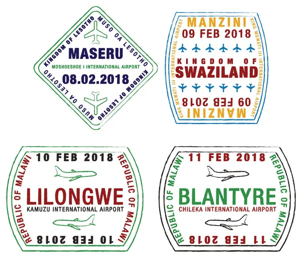 Conjunto Sellos Pasaporte Estilizados Para Los Principales Aeropuertos Lesotho Swazilandia — Archivo Imágenes Vectoriales