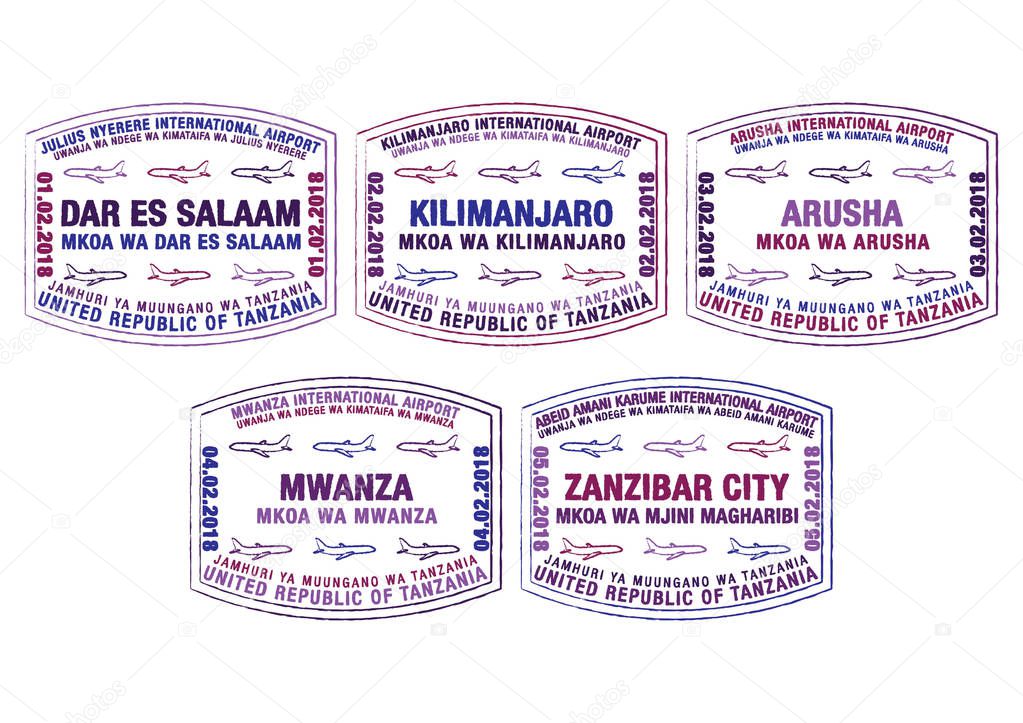 Set of stylised passport stamps for major airports of Tanzania in vector format.