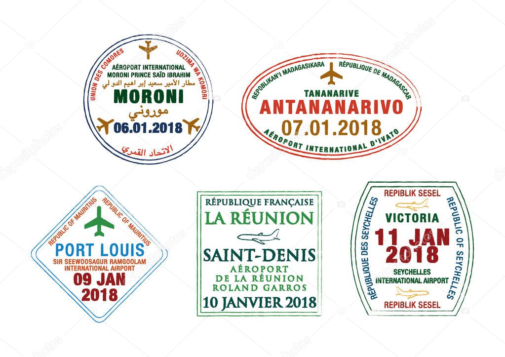 Set of stylised passport stamps for airports of Madagascar, Seychelles, Comoros, Reunion and Mauritius in vector format.