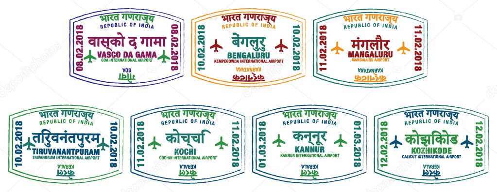 Set of stylised passport stamps for major airports of Southern India in vector format.