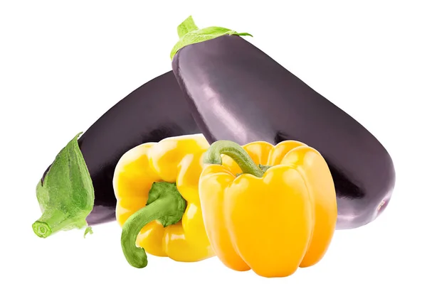 Isolerade Aubergine Färsk Aubergine Och Paprika Bell Över Vit Bakgrund — Stockfoto