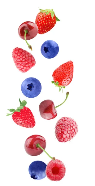 Isolated Flying Mixed Berries Falling Strawberry Cherry Raspberry Blueberry Fruits — Stock Photo, Image