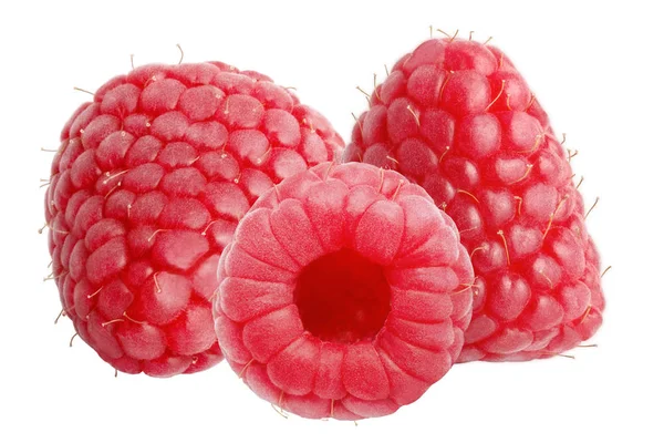 Bacche Isolate Tre Frutti Lampone Con Foglie Isolate Sfondo Bianco — Foto Stock