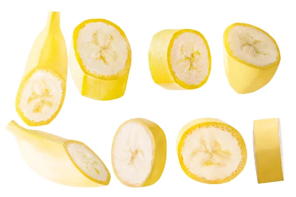 Isolerade Bananer Samling Slised Banan Frukter Isolerad Vit Bakgrund Med — Stockfoto