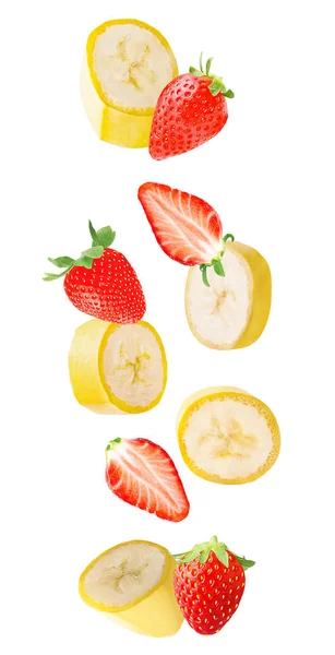 Isolated Flying Fruits Falling Banana Strawberry Fruits Isolated White Background — Stock Photo, Image