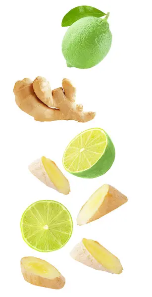 Isolerade Fallande Frukt Flygande Lime Och Ingefära Isolerad Vit Bakgrund — Stockfoto