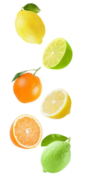 Летающие апельсин, лайм и лимон на белом фоне — стоковое фото