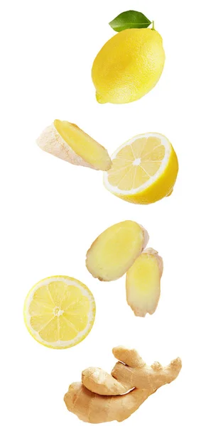 Létající Ovoce Klesající Citron Zázvor Izolované Bílém Pozadí Ořezovou Cestou — Stock fotografie