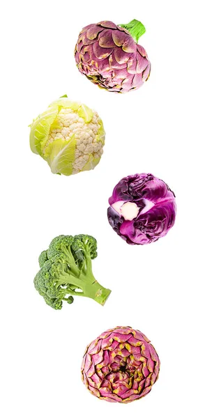 Fresh flying vegetables ingredients isolated on a white background. — Stock Photo, Image