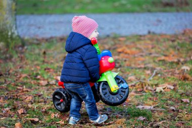Sevimli küçük çocuk çocuk sıcak sonbahar giysileri üç tekerlekli bisiklet ile eğleniyor. Etkin boş çocuklarla. Çocuklarla açık etkin boş.