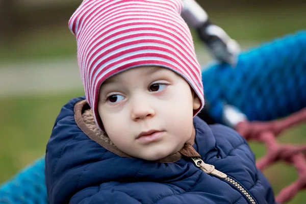Sevimli küçük çocuk çocuk sıcak sonbahar giysileri üç tekerlekli bisiklet ile eğleniyor. Etkin boş çocuklarla. Çocuklarla açık etkin boş.