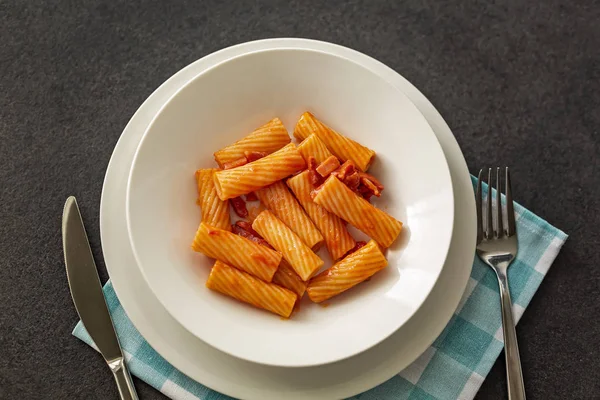 Italian Amatriciana Pasta Tomato Sauce Smoked Bacon Served First Dish — Stock Photo, Image