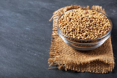 Balck taş zemin üzerine Ham mercimek. Sağlıklı vejetaryen gıda kavramı. Superfoods. Uzay kopyalayın. Mercimek karmaşık karbonhidrat açısından zengin lif, protein ve yapmak mükemmel et alternatif yüksek.