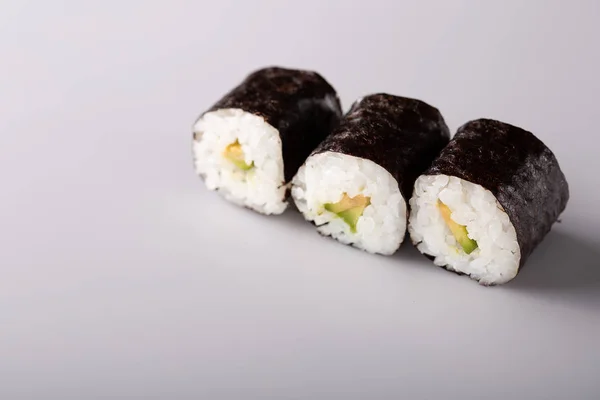 Japán Sushi Fehér Háttér Szöveg Másol Hely Lágy Fókusz Ázsiai — Stock Fotó