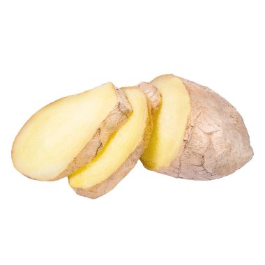 taze zencefil kökü ve beyaz arka plan üzerinde izole dilim