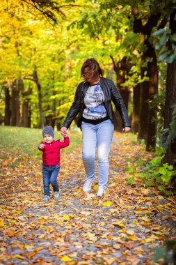 İki yaşındaki yeni yürümeye başlayan çocuk sonbahar parkında açık havada eğlenin