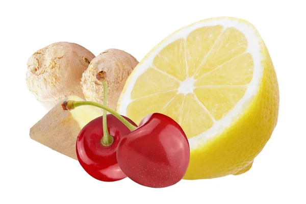 Свежий имбирь с лимоном и вишней на белом фоне — стоковое фото