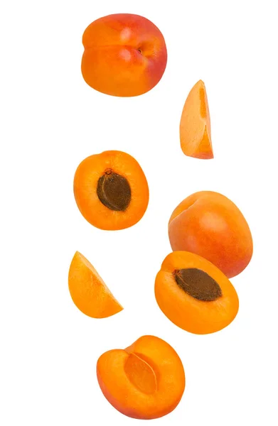 Isolerade Flygande Frukter Sju Fallande Aprikos Frukter Vit Bakgrund Med — Stockfoto