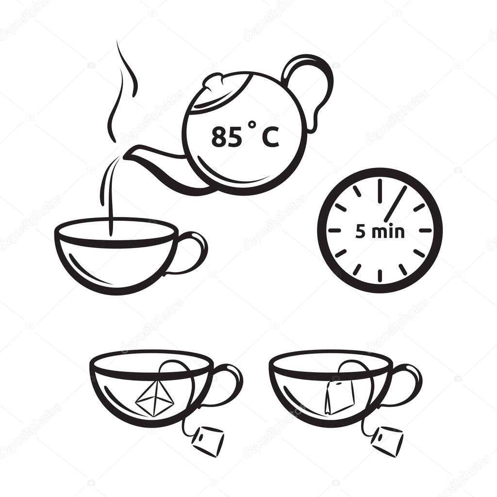Tea preparation vector icon for tea packaging. Cup and teapot symbols.