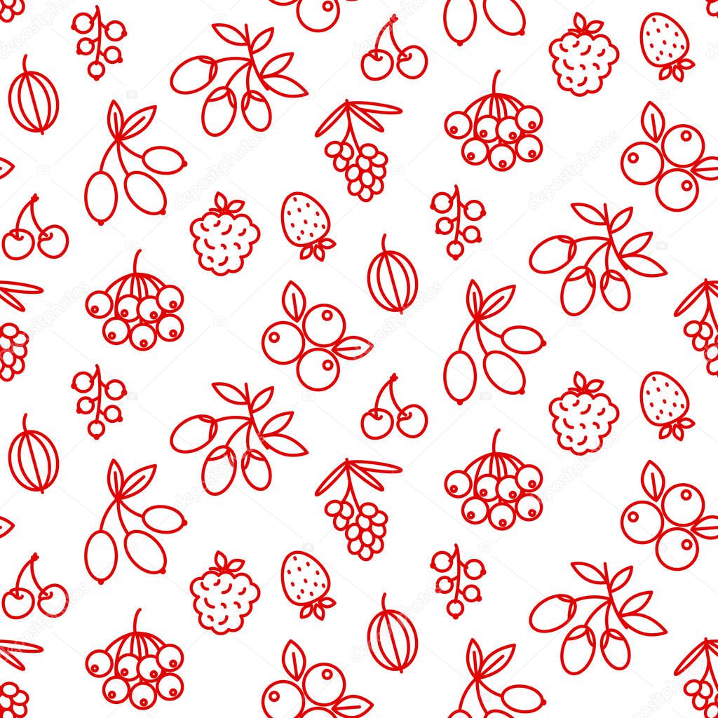 Berries icon pattern superfood rosehip, strawberry, acai, raspberry, juniperus, cranberry, sea buckthorn, cherry, blueberry, goji, blackberry, currant.