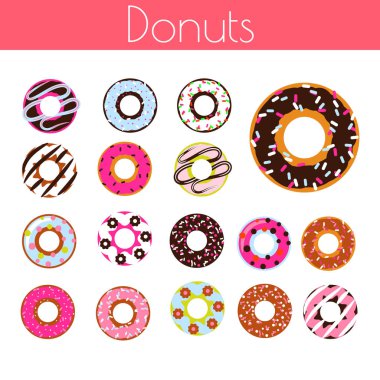 Sırlı donuts Hindistancevizi talaşı ve çikolata vektör Icon set çizgi film.