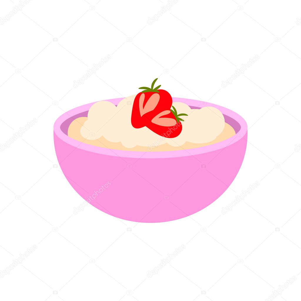 Porridge in a bowl with strawberry on top.