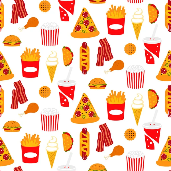 Fast Food Vektor Sömlösa Mönster Med Pizza Läsk Och Bacon — Stock vektor