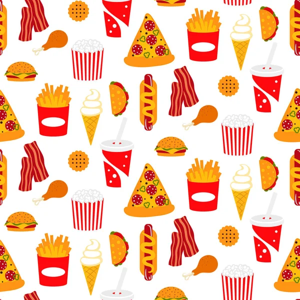 Fast food vektör pizza, soda ve pastırma ile seamless modeli. Sokak abur cubur çizgi film Ambalaj Kağıt için arka plan tekrarlayın ve kutuları yazdırma.