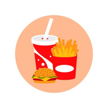 Fast food yemek yemek vektör çizim karikatür tarzı ayarlayın. Soda içecek, hamburger ve patates kızartması simgeler.