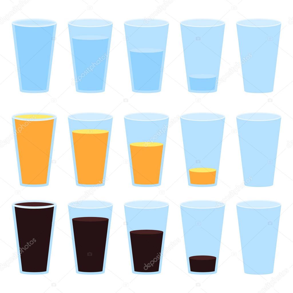 Glass of water, juice and soda isolated vector illustration on white background.