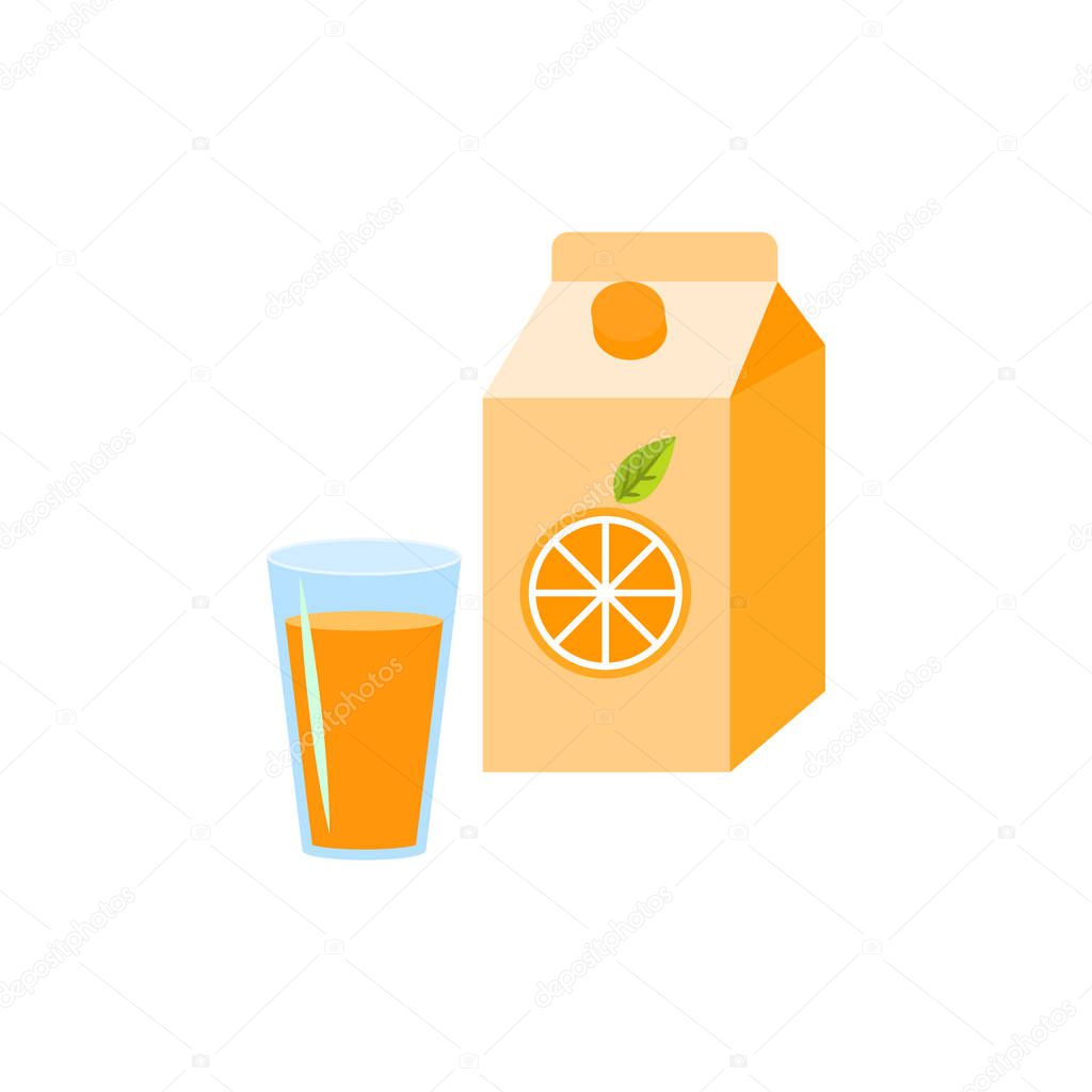 Orange juice in the glass and box package isolated on white vector illustration.