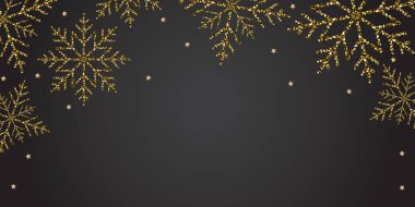 Altın kar taneleri ile yeni yıl yatay siyah afiş arka plan.