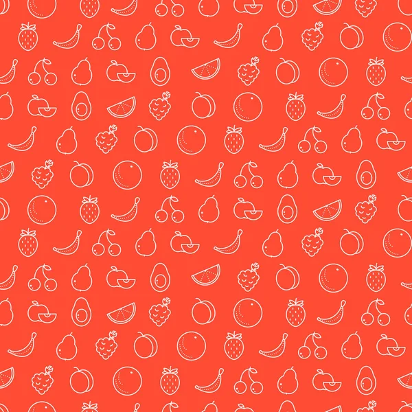 Fruits line icons red seamless vector pattern. Food outline repeat wrap texture. — Stock Vector